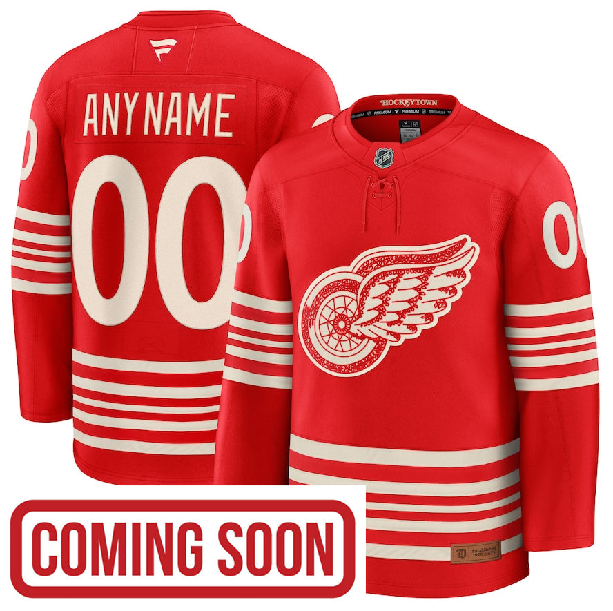ANY NAME AND NUMBER DETROIT RED WINGS CENTENNIAL FANATICS PREMIUM NHL JERSEY WITH PATCH (HAND STITCHED ON-ICE NAME/NUMBER/CUSTOMIZATION)