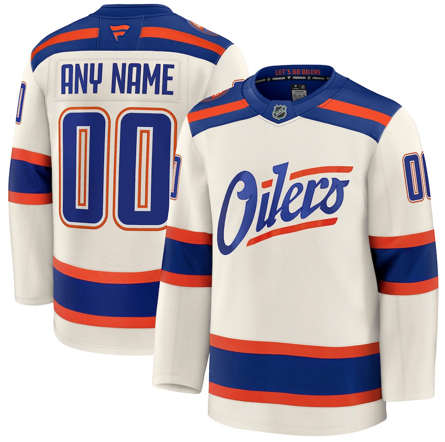 ANY NAME AND NUMBER EDMONTON OILERS ALTERNATE FANATICS PREMIUM NHL JERSEY (HAND STITCHED ON-ICE NAME/NUMBER/CUSTOMIZATION)