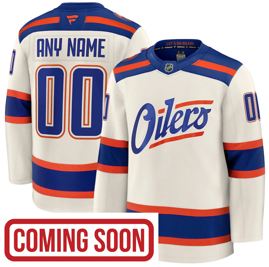 ANY NAME AND NUMBER EDMONTON OILERS ALTERNATE FANATICS PREMIUM NHL JERSEY (HAND STITCHED ON-ICE NAME/NUMBER/CUSTOMIZATION)