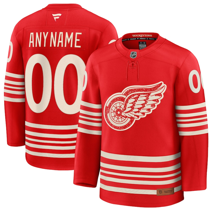 ANY NAME AND NUMBER DETROIT RED WINGS CENTENNIAL FANATICS PREMIUM NHL JERSEY WITH PATCH (HAND STITCHED ON-ICE NAME/NUMBER/CUSTOMIZATION)
